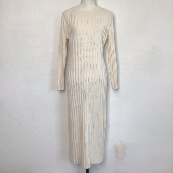Petal & Pup Dresses & Skirts - NWT- Petal & Pup Women Elegant Warm Ivory Ribbed Knit Crochet Sweater Dress L